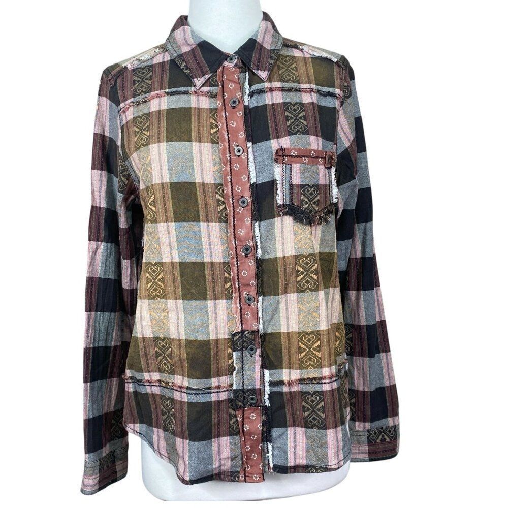 We The Free Plaid Button-Up Shirt Womens Size Medium Boho Multicolor Cotton Blen